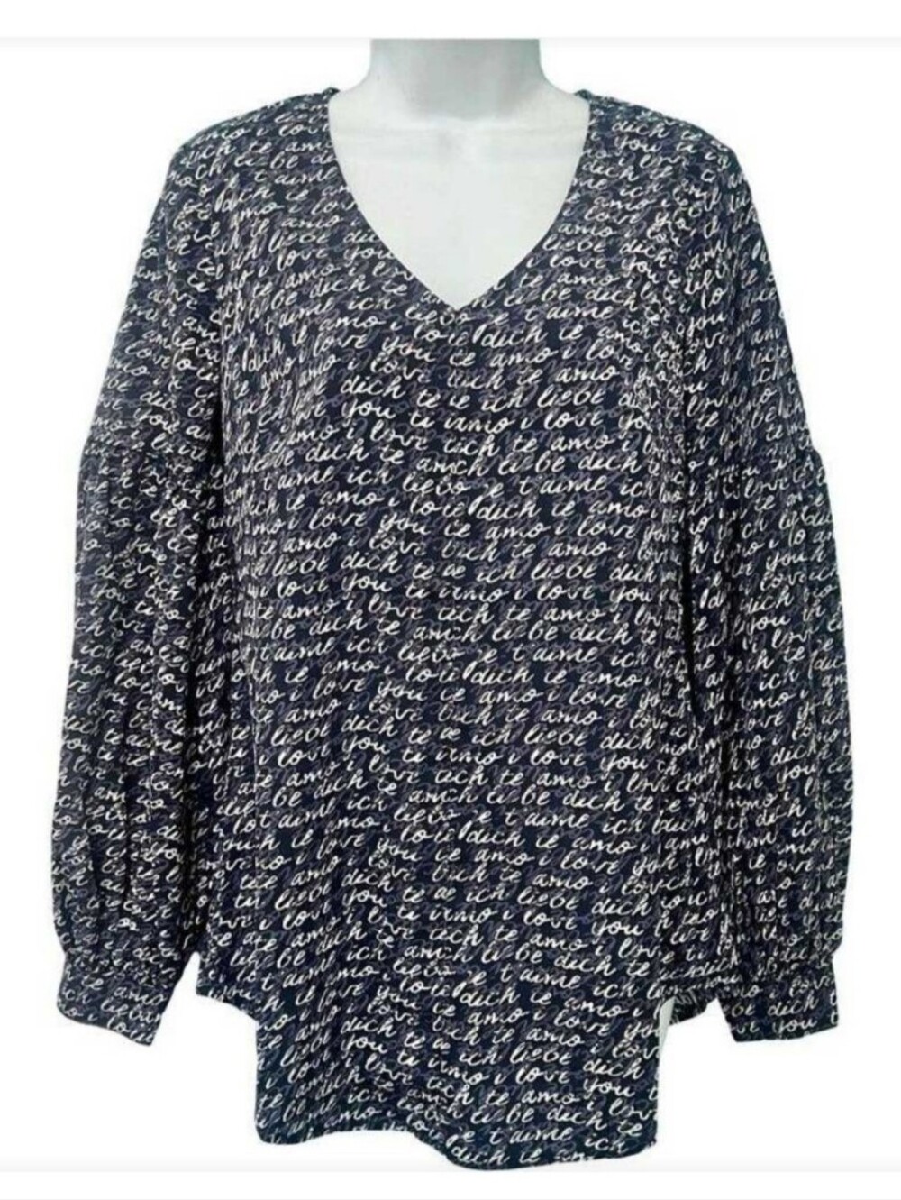 Cabi Te Amo Blouse #5336 Navy Blue White Script Love V-Neck Puff Sleeve Womens M